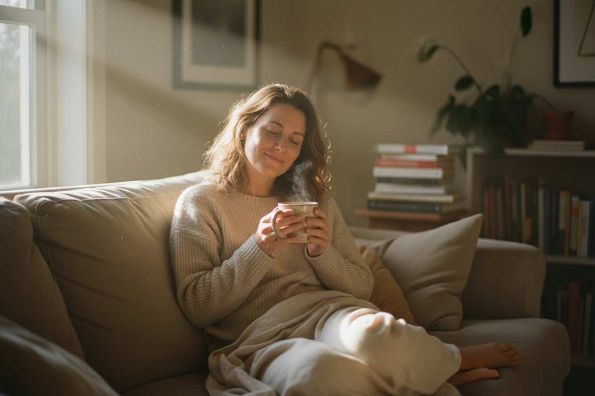 Create a realistic, documentary-style photograph of a woman sitting on a beige sofa, holding a warm cup of tea.
The scene should feel human, lived-in, and emotionally real — not perfect or overly polished.
Use soft morning sunlight coming through a window, with gentle dust particles visible in the light beam for a natural, warm atmosphere.
Textures should be authentic: a slightly wrinkled knit blanket, soft linen cushions, a handmade ceramic mug, and a lived-in sofa fabric.
The woman should look natural and